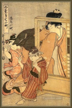 two boys singing Painting - a woman watches two children Kitagawa Utamaro Japanese